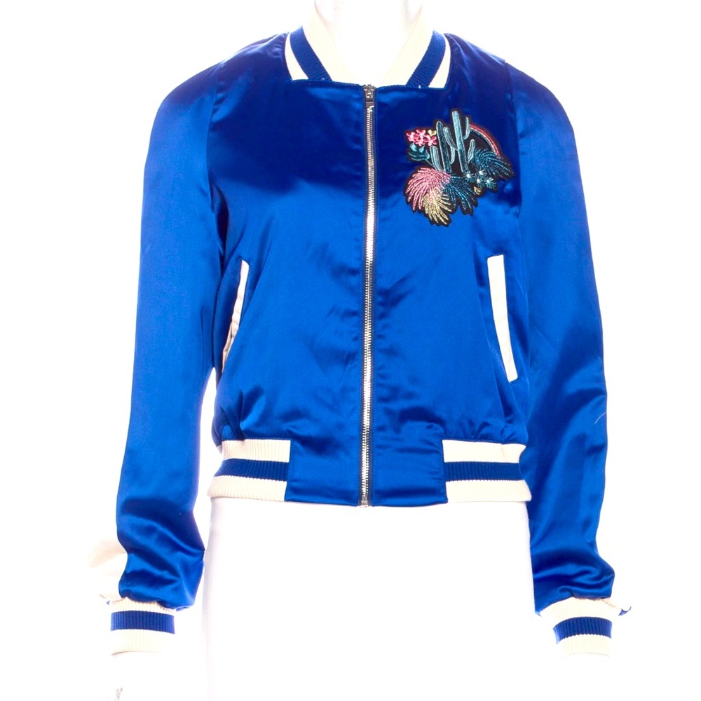 Maje Bacary Satin Blue Varsity Bomber Jacket